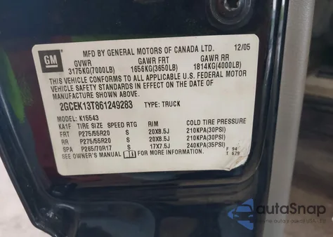 2006 Chevrolet Silverado 1500 Lt3 z USA, uszkodzony, nr VIN 2GCEK13T861249283